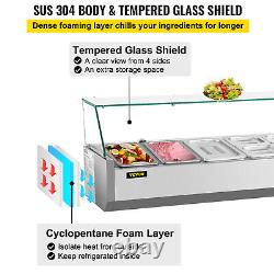 VEVOR 55 Countertop Refrigerated Salad Pizza Prep Station Glass Shield 7 Pans